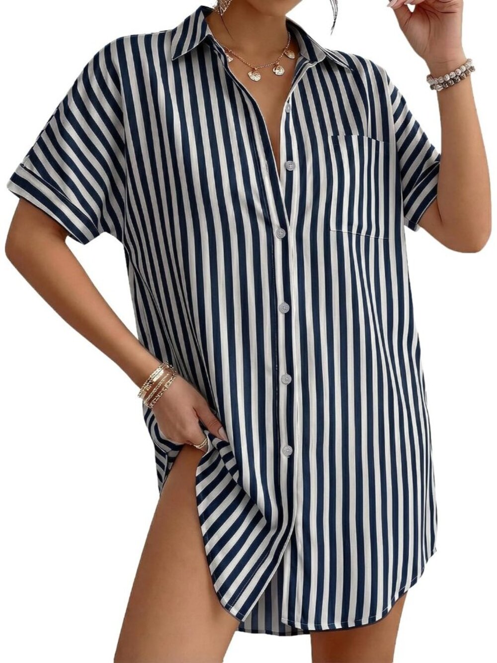 Women Navy Blue Rayon Button Down Shirt Striped Coverup Beach Swimsuit Cover Up